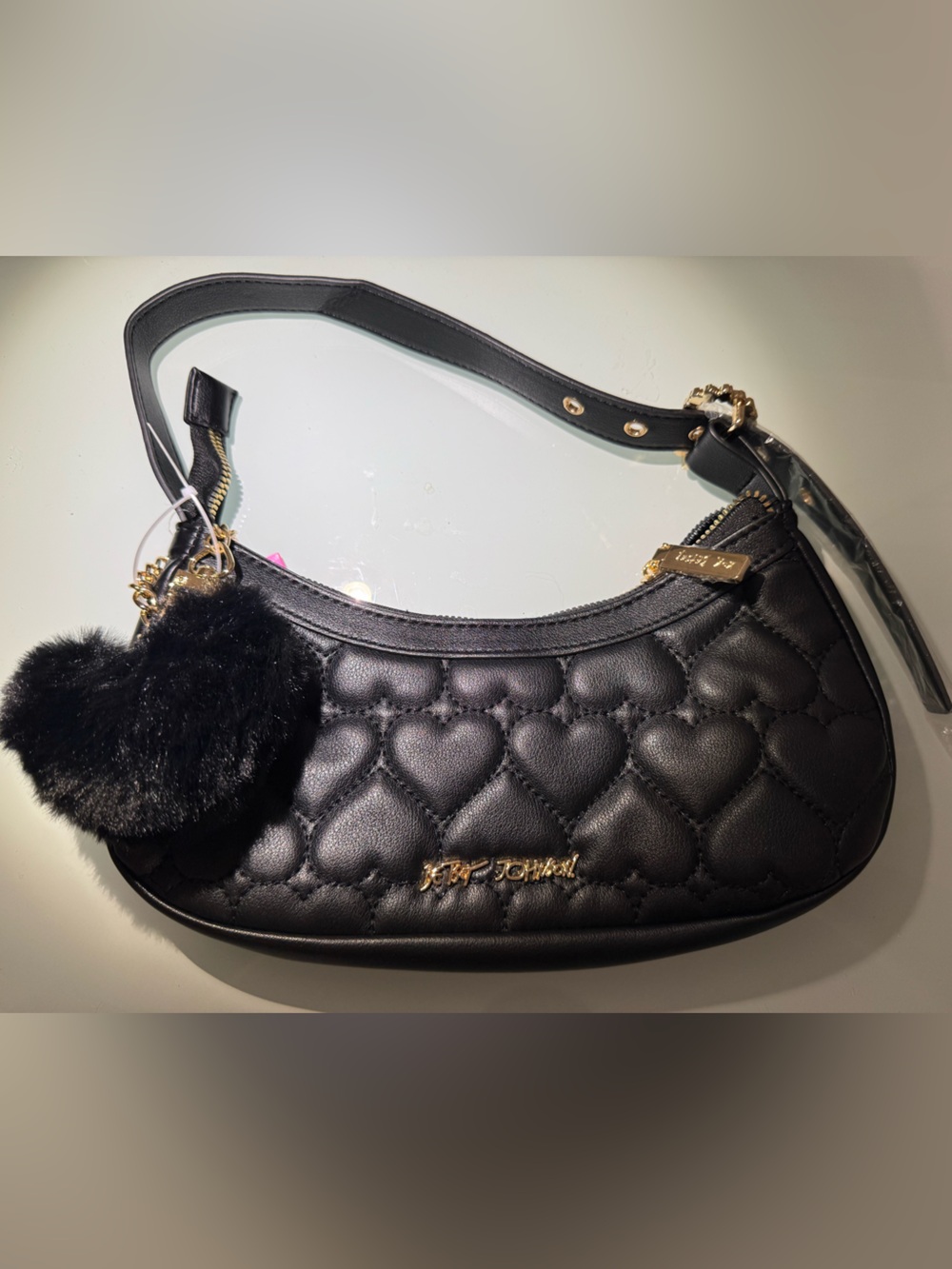 NWT Betsey Johnson Black Quilted Heart Mini Shoulder Bag with Fur Charm